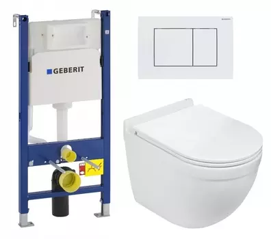 Комплект 3 в 1 инсталляция Geberit Duofix + Подвесной унитаз WeltWasser Heimbach 043 GL-WT + кнопка белая