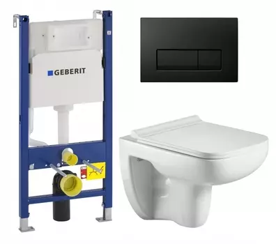 Комплект 3 в 1 инсталляция Geberit Duofix + Подвесной унитаз WeltWasser Kehlbach 004 GL-WT + кнопка черная глянцевая