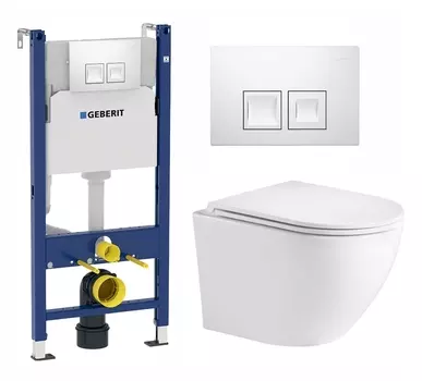 Комплект 3 в 1 инсталляция Geberit Duofix + Подвесной унитаз WeltWasser Merzbach 043 GL-WT + кнопка белая