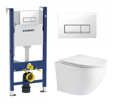 Комплект 3 в 1 инсталляция Geberit Duofix + Подвесной унитаз WeltWasser Merzbach 043 GL-WT + кнопка белая