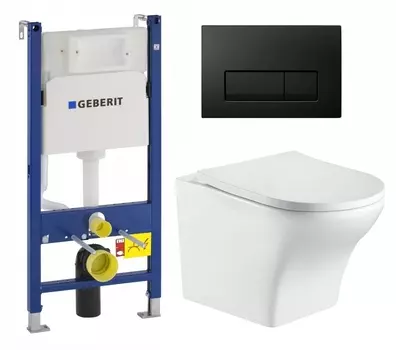 Комплект 3 в 1 инсталляция Geberit Duofix + Подвесной унитаз WeltWasser Odenbach 004 GL-WT + кнопка черная глянцевая