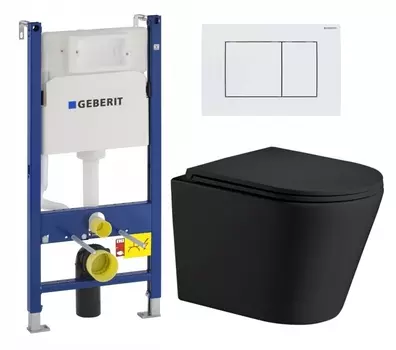 Комплект 3 в 1 инсталляция Geberit Duofix + Подвесной унитаз WeltWasser Salzbach 043 MT-BL + кнопка белая