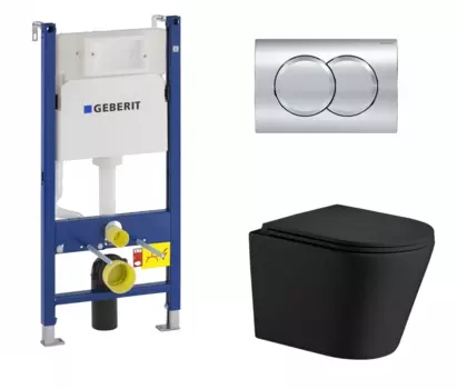 Комплект 3 в 1 инсталляция Geberit Duofix + Подвесной унитаз WeltWasser Salzbach 043 MT-BL микролифт черный + кнопка хром Delta01