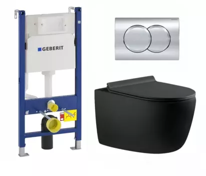 Комплект 3 в 1 инсталляция Geberit Duofix + Унитаз подвесной Aquanet Cetus 287008 безободковый, с микролифтом, черный матовый + кнопка хром Delta01