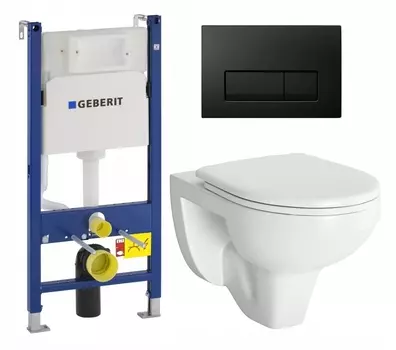 Комплект 3 в 1 инсталляция Geberit Duofix + Унитаз подвесной Berges Wasserhaus Gamma 081105 + кнопка черная глянцевая