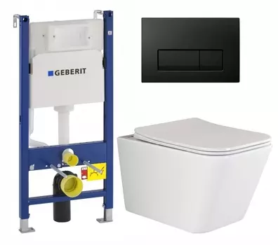 Комплект 3 в 1 инсталляция Geberit Duofix + Унитаз подвесной Ceramica Nova Metric Rimless CN3007 + кнопка черная глянцевая
