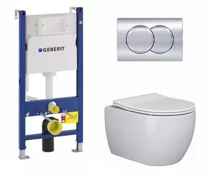 Комплект 3 в 1 инсталляция Geberit Duofix + Унитаз подвесной Ceramica Nova Play CN3001 с микролифтом, безободковый, белый + кнопка хром Delta01
