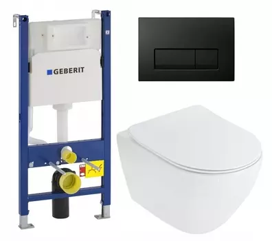 Комплект 3 в 1 инсталляция Geberit Duofix + Унитаз подвесной Cezares Stylus CZR-513-TH-R + кнопка черная глянцевая