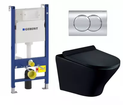 Комплект 3 в 1 инсталляция Geberit Duofix + Унитаз подвесной Esbano Aster ESUPASTEBM черный матовый овальный + кнопка хром Delta01