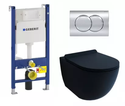 Комплект 3 в 1 инсталляция Geberit Duofix + Унитаз подвесной Esbano Garcia черный матовый + кнопка хром Delta01
