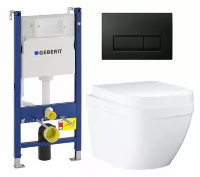 Комплект 3 в 1 инсталляция Geberit Duofix + Унитаз подвесной Grohe Euro Ceramic 39206000 + кнопка черная глянцевая
