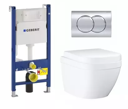 Комплект 3 в 1 инсталляция Geberit Duofix + Унитаз подвесной Grohe Euro Ceramic 39206000 компактный белый + кнопка хром Delta01