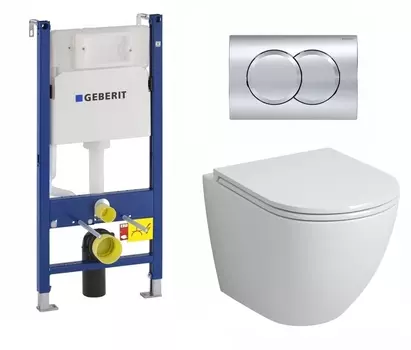 Комплект 3 в 1 инсталляция Geberit Duofix + Унитаз подвесной Grossman GR-4455S безободковый белый + кнопка хром Delta01