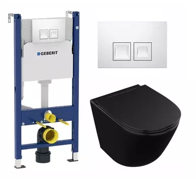Комплект 3 в 1 инсталляция Geberit Duofix + Унитаз подвесной Owl 1975 Vind Cirkel-H Matt Black OWLT190305 + кнопка белая