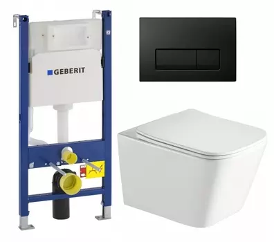 Комплект 3 в 1 инсталляция Geberit Duofix + Унитаз подвесной SantiLine SL-5007 + кнопка черная глянцевая