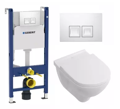 Комплект 3 в 1 инсталляция Geberit Duofix + Унитаз подвесной Villeroy & Boch O Novo Directflush + кнопка белая