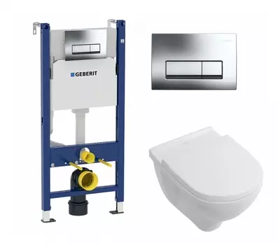 Комплект 3 в 1 инсталляция Geberit Duofix + Унитаз подвесной Villeroy & Boch O Novo Directflush + кнопка хром