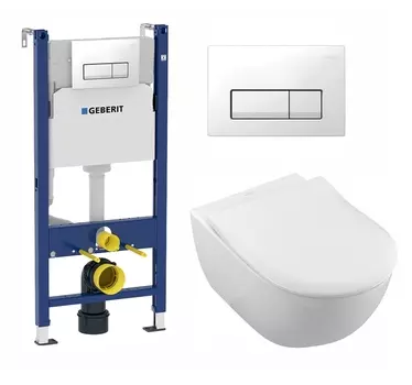Комплект 3 в 1 инсталляция Geberit Duofix + Унитаз подвесной Villeroy & Boch Subway 2.0 5614R201 + кнопка белая