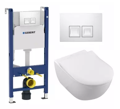 Комплект 3 в 1 инсталляция Geberit Duofix + Унитаз подвесной Villeroy & Boch Subway 2.0 5614R201 + кнопка белая