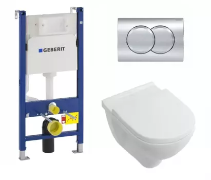 Комплект 3 в 1 инсталляция Geberit Duofix + Унитаз подвесной Villeroy & Boch O Novo Directflush с микролифтом, белый + кнопка хром Delta01