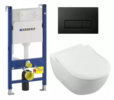 Комплект 3 в 1 инсталляция Geberit Duofix + Унитаз подвесной Villeroy & Boch Subway 2.0 5614R201 + кнопка черная глянцевая