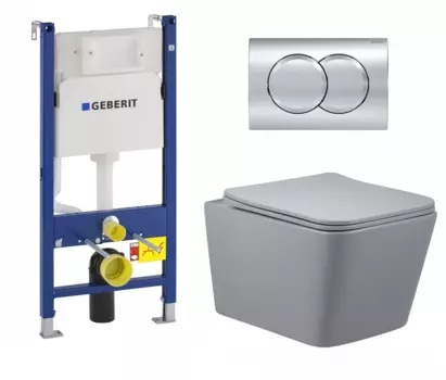 Комплект 3 в 1 инсталляция Geberit Duofix + Унитаз подвесной Vincea Q-Line VT1-12MG матовый серый прямоугольный + кнопка хром Delta01