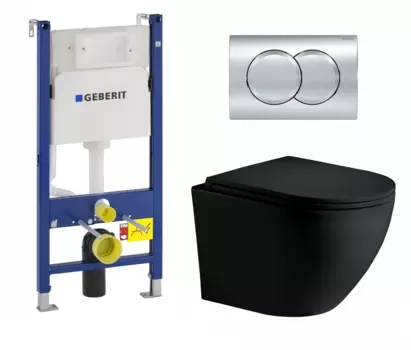 Комплект 3 в 1 инсталляция Geberit Duofix + Унитаз подвесной Weltwasser WW Merzbach 043 MT-BL безободковый, с микролифтом, черный матовый + кнопка хром Delta01