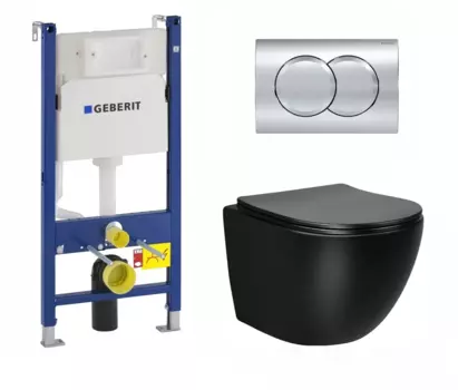 Комплект 3 в 1 инсталляция Geberit Duofix + Унитаз Vincea Globo VT1-14SMB подвесной Черный матовый с сиденьем Микролифт, черный + кнопка хром Delta01