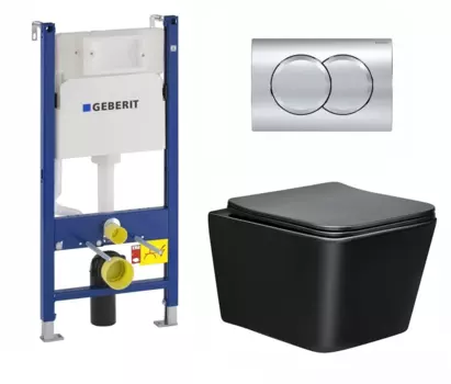 Комплект 3 в 1 инсталляция Geberit Duofix + Унитаз Vincea Q-Line VT1-12MB подвесной Черный матовый с сиденьем Микролифт + кнопка хром Delta01