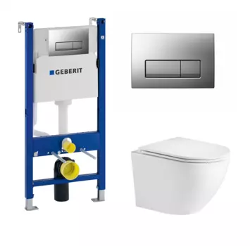 Комплект 3 в 1 инсталляция Geberit Duofix UP100 + Подвесной унитаз WeltWasser Merzbach 043 GL-WT + кнопка хром матовый