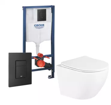 Комплект 3 в 1 инсталляция Grohe Rapid SL + Унитаз подвесной BelBagno Uno M + кнопка черная