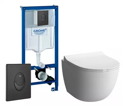 Комплект 3 в 1 инсталляция Grohe Rapid SL 38721BL1 + Унитаз подвесной VitrA Sento 7748В003-0075 + кнопка черная матовая Skate