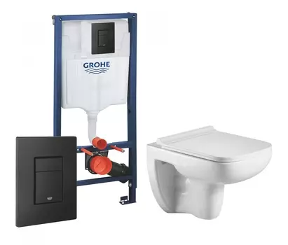 Комплект 3 в 1 инсталляция Grohe Rapid SL + Подвесной унитаз WeltWasser Kehlbach 004 GL-WT + черная кнопка