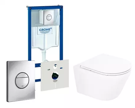 Комплект 3 в 1 инсталляция Grohe Rapid SL + Унитаз подвесной BelBagno Tre BB8001CHR/SC + кнопка хром Nova круглая