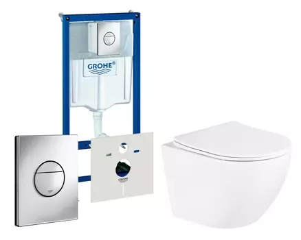 Комплект 3 в 1 инсталляция Grohe Rapid SL + Унитаз подвесной BelBagno Uno BB3105CHR/SC + кнопка хром Nova круглая