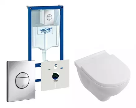 Комплект 3 в 1 инсталляция Grohe Rapid SL + Унитаз подвесной Villeroy & Boch O Novo Directflush + кнопка хром Nova круглая