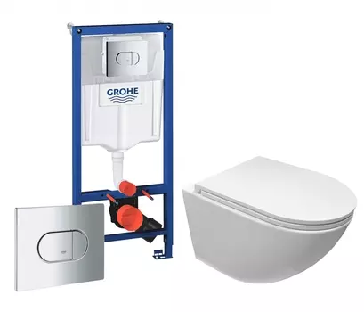 Комплект 3 в 1 инсталляция Grohe Solido 38981000 + Подвесной безободковый унитаз Cerutti Spa Sella aria CT9529 Tornado + кнопка хром