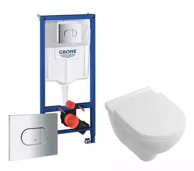 Комплект 3 в 1 инсталляция Grohe Solido 38981000 + Унитаз подвесной Villeroy & Boch O Novo Directflush + кнопка хром