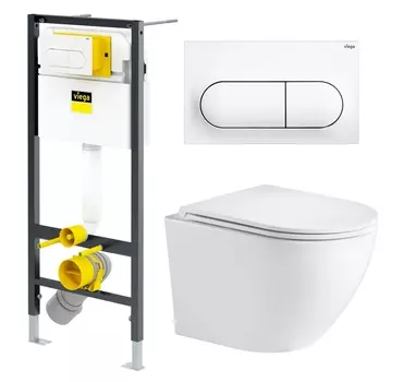 Комплект 3 в 1 инсталляция Viega Prevista 8524.11 + Подвесной унитаз WeltWasser Merzbach 043 GL-WT + кнопка белая