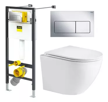 Комплект 3 в 1 инсталляция Viega Prevista 8524.12 + Подвесной унитаз WeltWasser Merzbach 043 GL-WT + кнопка хром