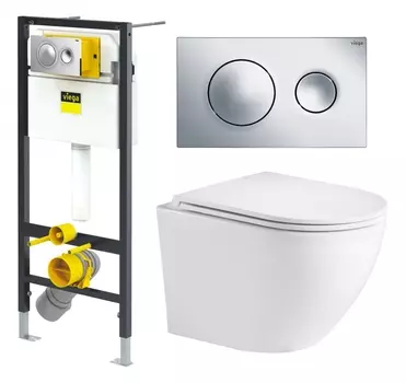 Комплект 3 в 1 инсталляция Viega Prevista 8524.13 + Подвесной унитаз WeltWasser Merzbach 043 GL-WT + кнопка хром
