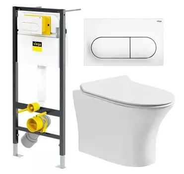 Комплект 3 в 1 инсталляция Viega Prevista 8524.11 + Подвесной безободковый унитаз CeruttiSpa Bernina aria CT7191 + кнопка белая