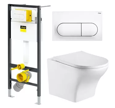 Комплект 3 в 1 инсталляция Viega Prevista 8524.11 + Подвесной унитаз WeltWasser Odenbach 004 GL-WT + кнопка белая