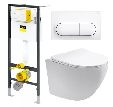 Комплект 3 в 1 инсталляция Viega Prevista 8524.11 + Унитаз подвесной Акватек Европа AQ1900-00 + кнопка белая