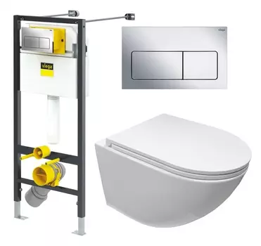 Комплект 3 в 1 инсталляция Viega Prevista 8524.12 + Подвесной безободковый унитаз Cerutti Spa Sella aria CT9529 Tornado + кнопка хром