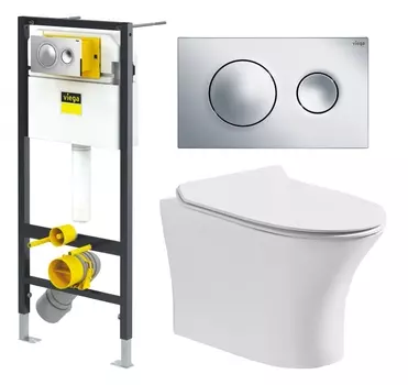 Комплект 3 в 1 инсталляция Viega Prevista 8524.13 + Подвесной безободковый унитаз CeruttiSpa Bernina aria CT7191 + кнопка хром