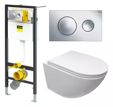 Комплект 3 в 1 инсталляция Viega Prevista 8524.13 + Подвесной безободковый унитаз Cerutti Spa Sella aria CT9529 Tornado + кнопка хром