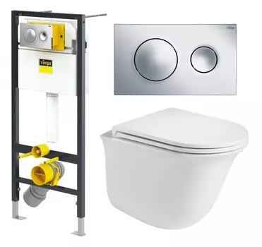 Комплект 3 в 1 инсталляция Viega Prevista 8524.13 + Подвесной унитаз WeltWasser Telbach 004 GL-WT + кнопка хром