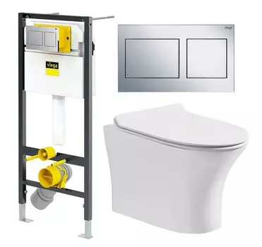 Комплект 3 в 1 инсталляция Viega Prevista Dry 8524.14 792596 + Подвесной безободковый унитаз CeruttiSpa Bernina aria CT7191 + кнопка хром