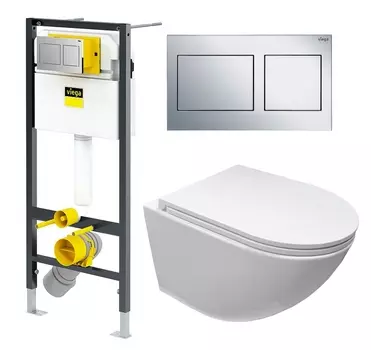Комплект 3 в 1 инсталляция Viega Prevista Dry 8524.14 792596 + Подвесной безободковый унитаз Cerutti Spa Sella aria CT9529 Tornado + кнопка хром